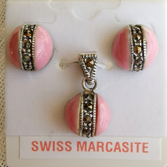 NWT Sterling Silver Pink enamel Swiss Marcasite necklace earring set - Picture 2 of 6